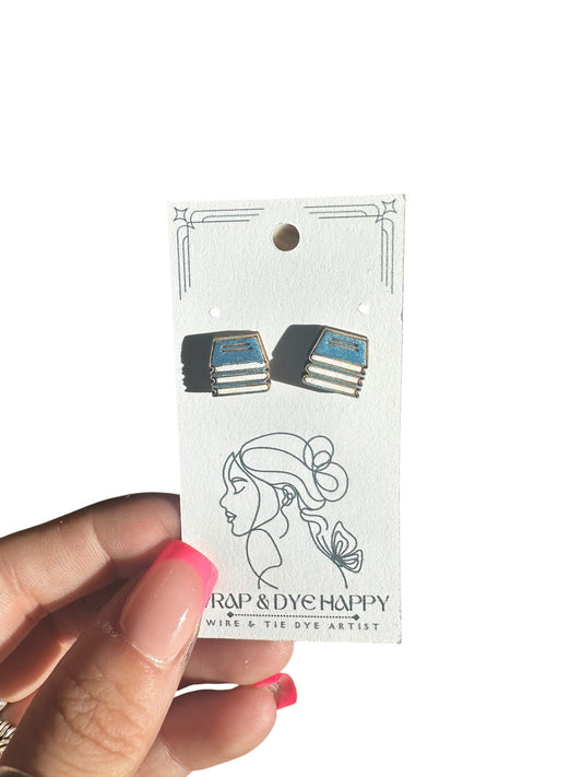 Hypoallergenic Hand Painted Books Laser Engraved Wood Stud Earrings