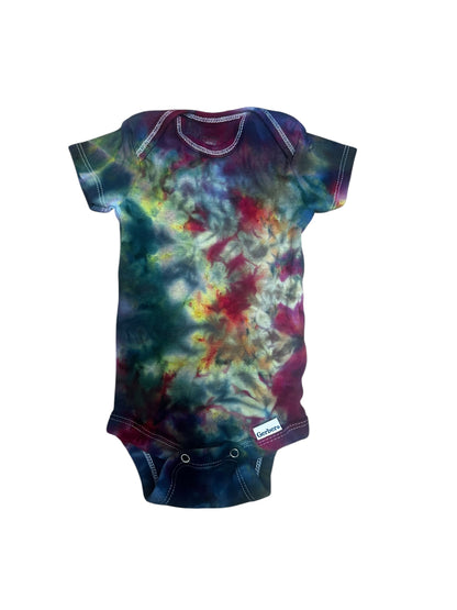 Infant 0-3 Months Blue Green Purple and Yellow Scrunch Ice Dye Tie Dye Onesie