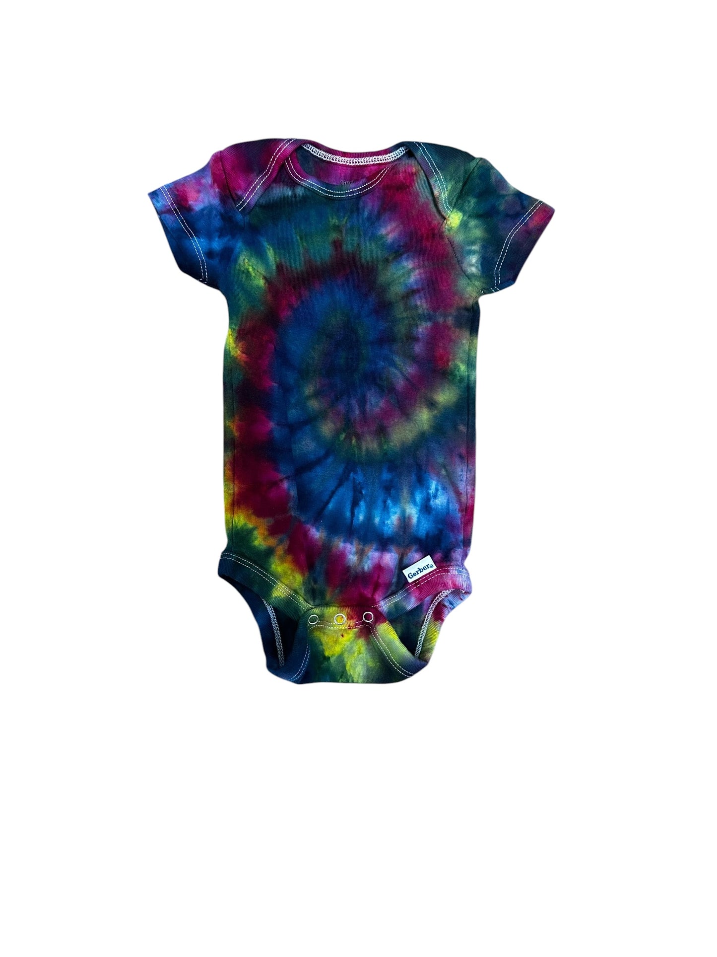 Infant 6-9 Months Blue Green Yellow and Purple Spiral Ice Dye Tie Dye Onesie