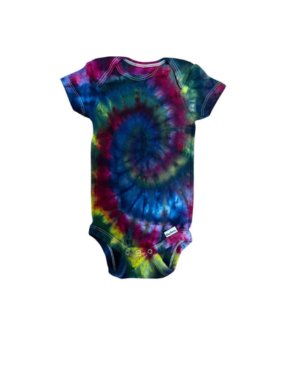 Infant 6-9 Months Blue Green Yellow and Purple Spiral Ice Dye Tie Dye Onesie