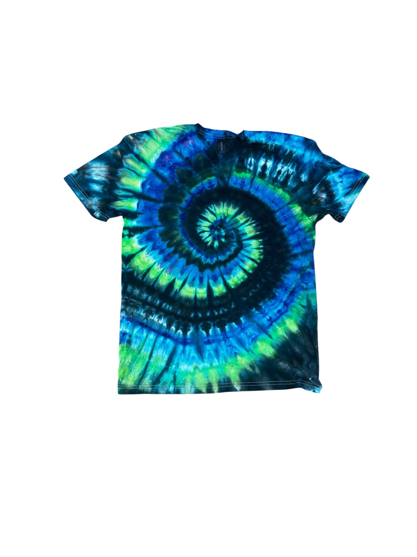 Adult Medium Blue Black and Green Spiral Ice Dye Tie Dye Shirt