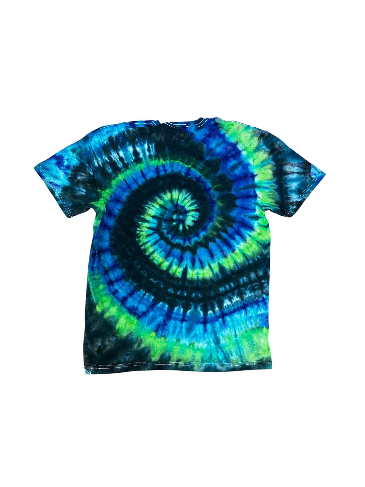 Adult Medium Blue Black and Green Spiral Ice Dye Tie Dye Shirt