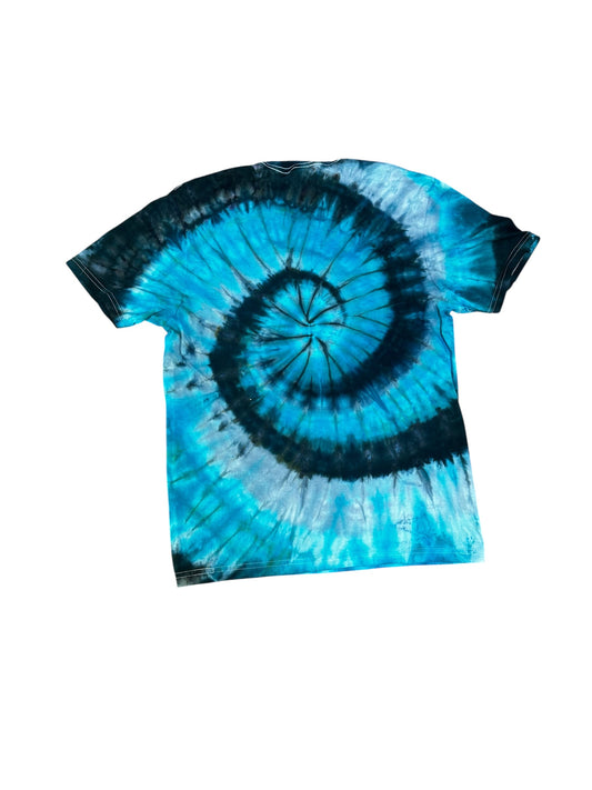 Adult Medium Blue Black and Gray Spiral Ice Dye Tie Dye Shirt