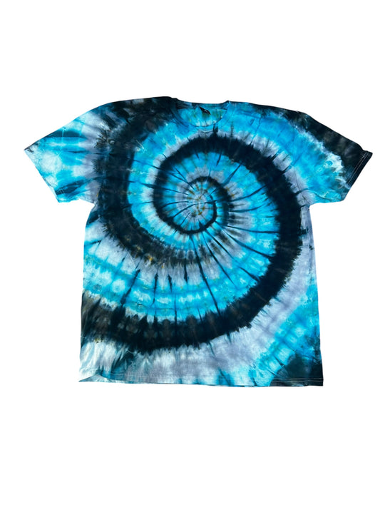 Adult XL Blue Black and Gray Spiral Ice Dye Tie Dye Shirt