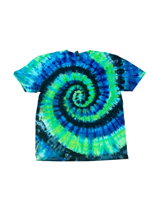 Adult XL Blue Black and Green Spiral Ice Dye Tie Dye Shirt