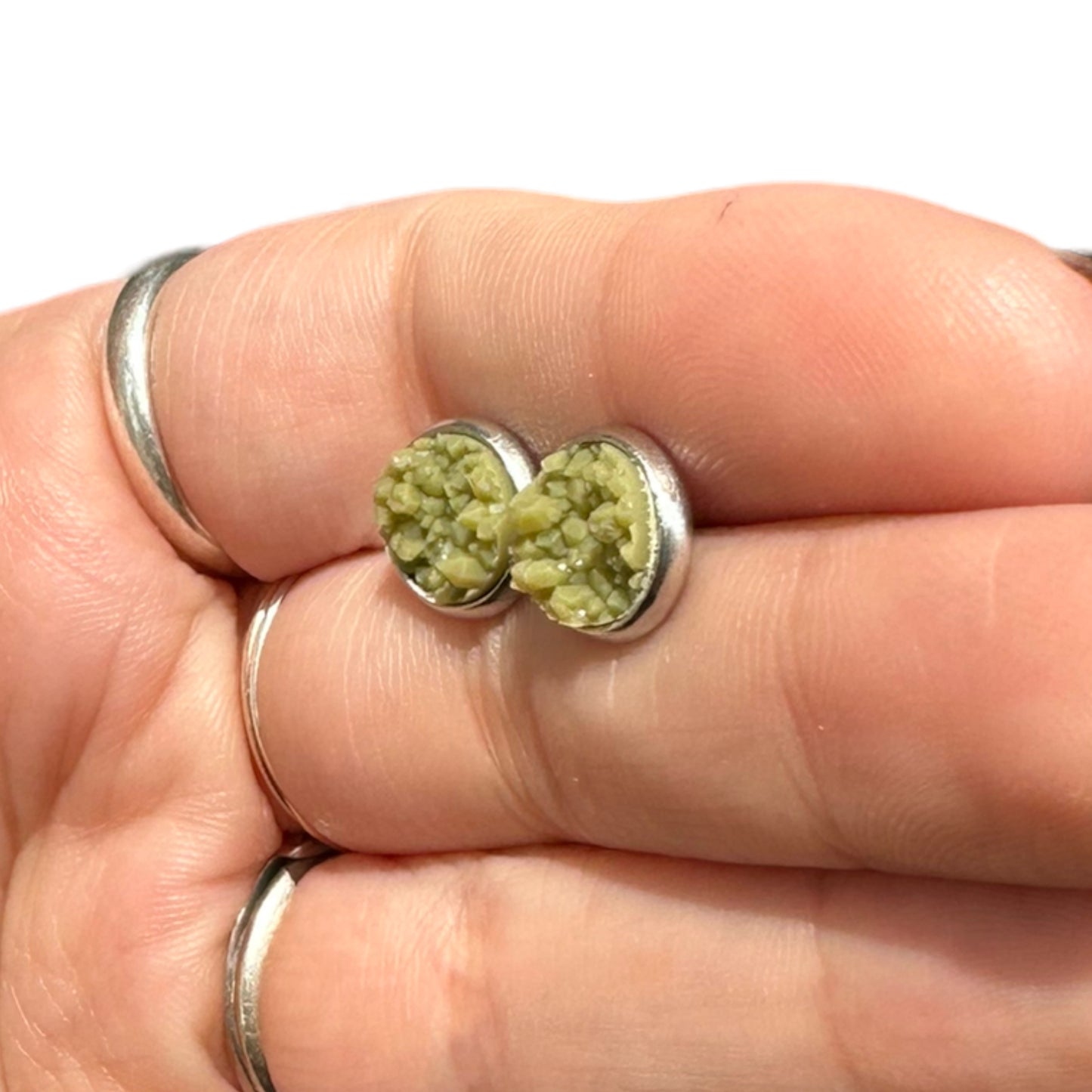 8MM Hypoallergenic Sage Green Sparkle  Faux Druzy Earring Studs