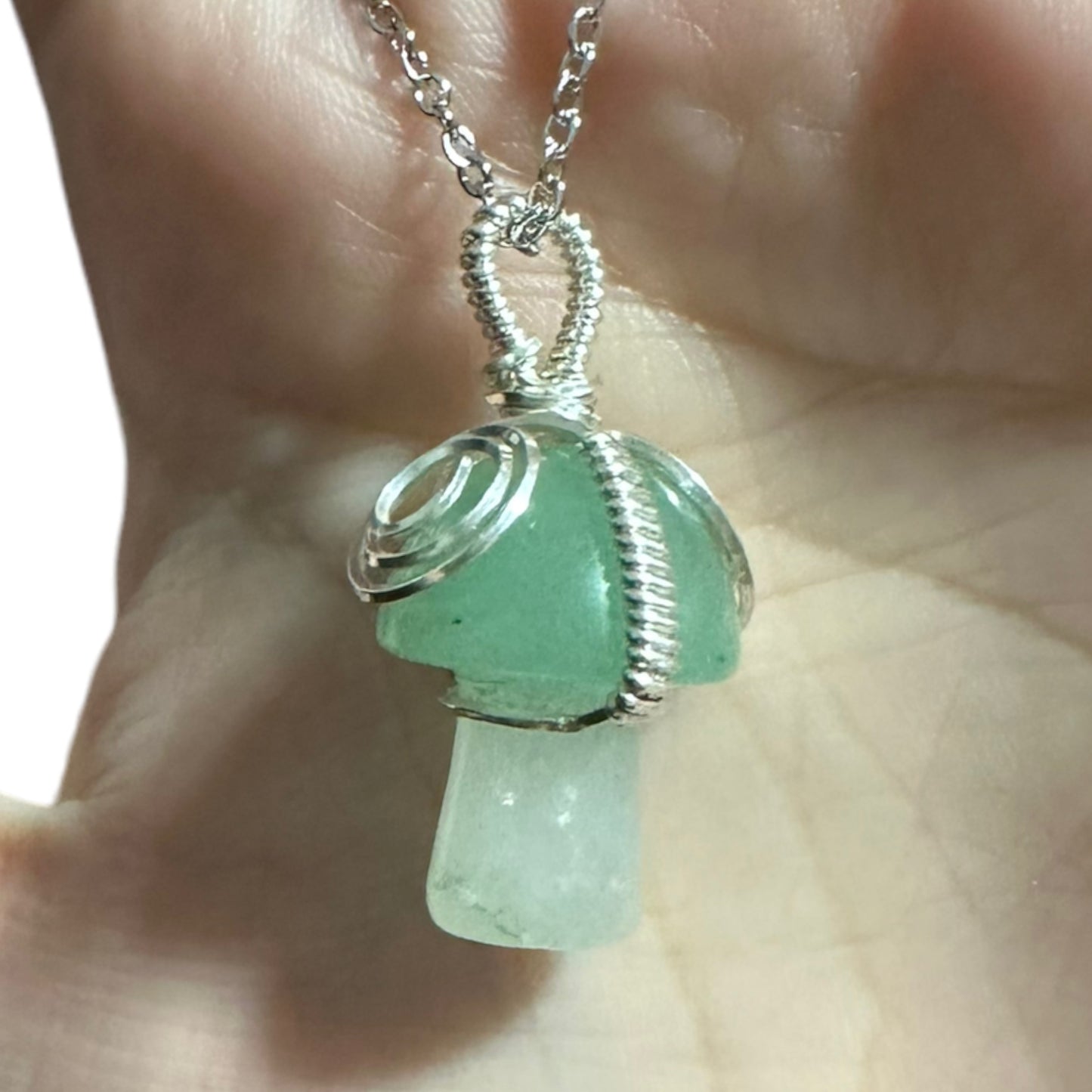 Sterling Silver | 14KT Gold Filled Wire Wrapped Green Aventurine Mushroom Pendant