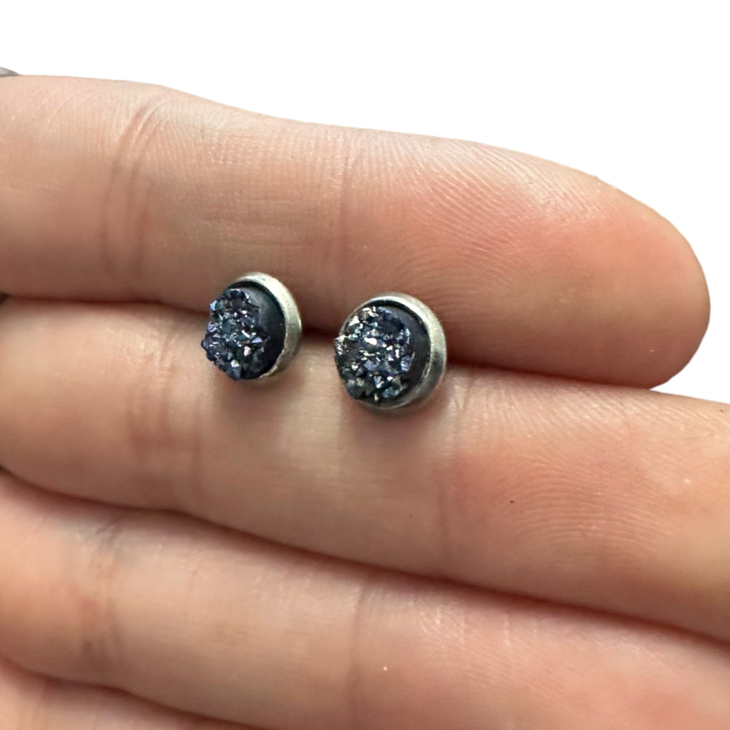 6MM Hypoallergenic Metallic Blue Sparkle Druzy Earring Studs