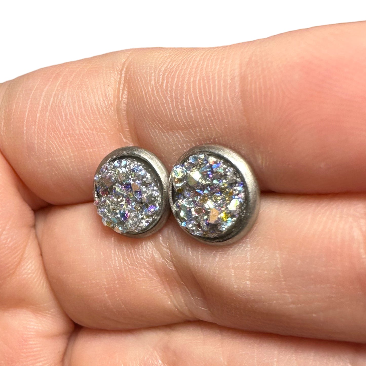 8MM Hypoallergenic Silver Sparkle Druzy Earring Studs