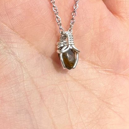 Sterling Silver | 14KT Gold Filled Mini Teardrop Tiger's Eye Wishbone Wire Wrapped Pendant