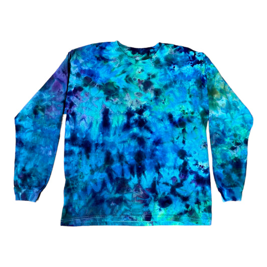 Youth XL Bright Green Blue and Purple Scrunch Ice Dye Tie Dye Long Sleeve Shirt