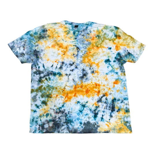 Adult 2XL Golden Yellow and Blue Scrunch Ice Dye Tie Dye Shirt