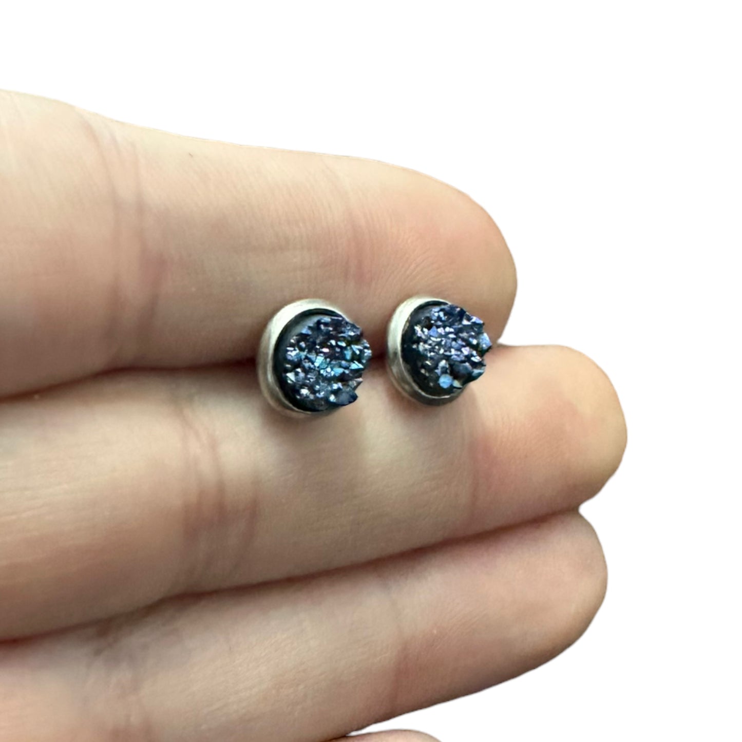 6MM Hypoallergenic Metallic Blue Sparkle Druzy Earring Studs