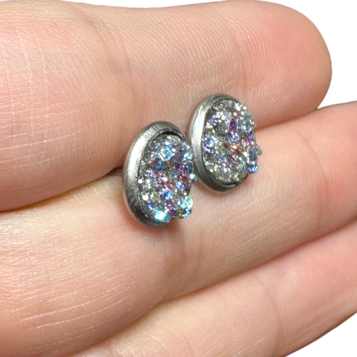 8MM Hypoallergenic Silver Sparkle Druzy Earring Studs