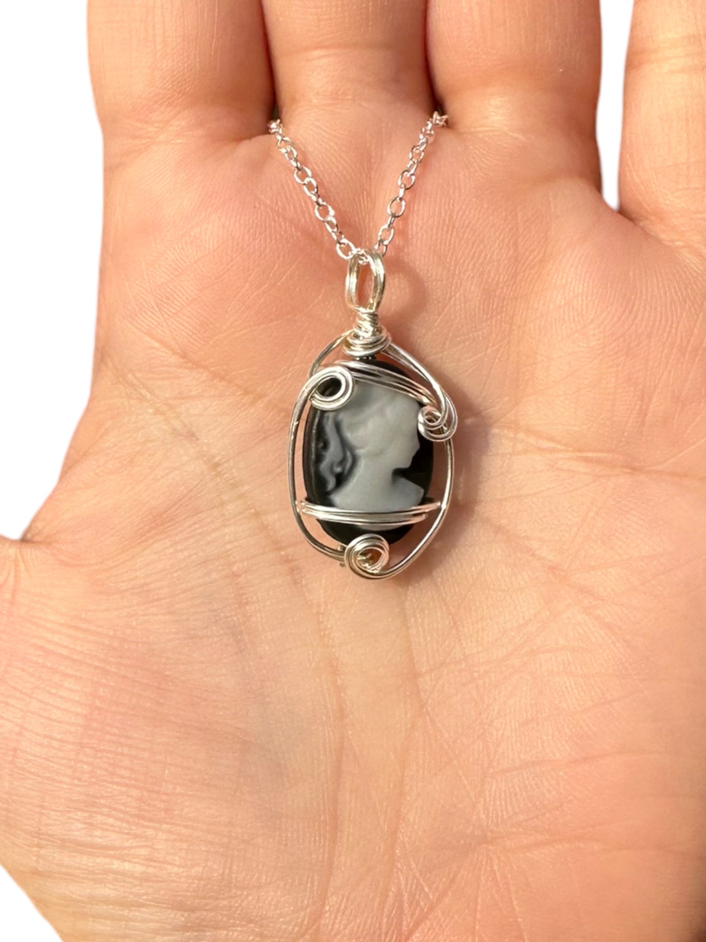 Sterling Silver Black Vintage Antique Cameo Pendant