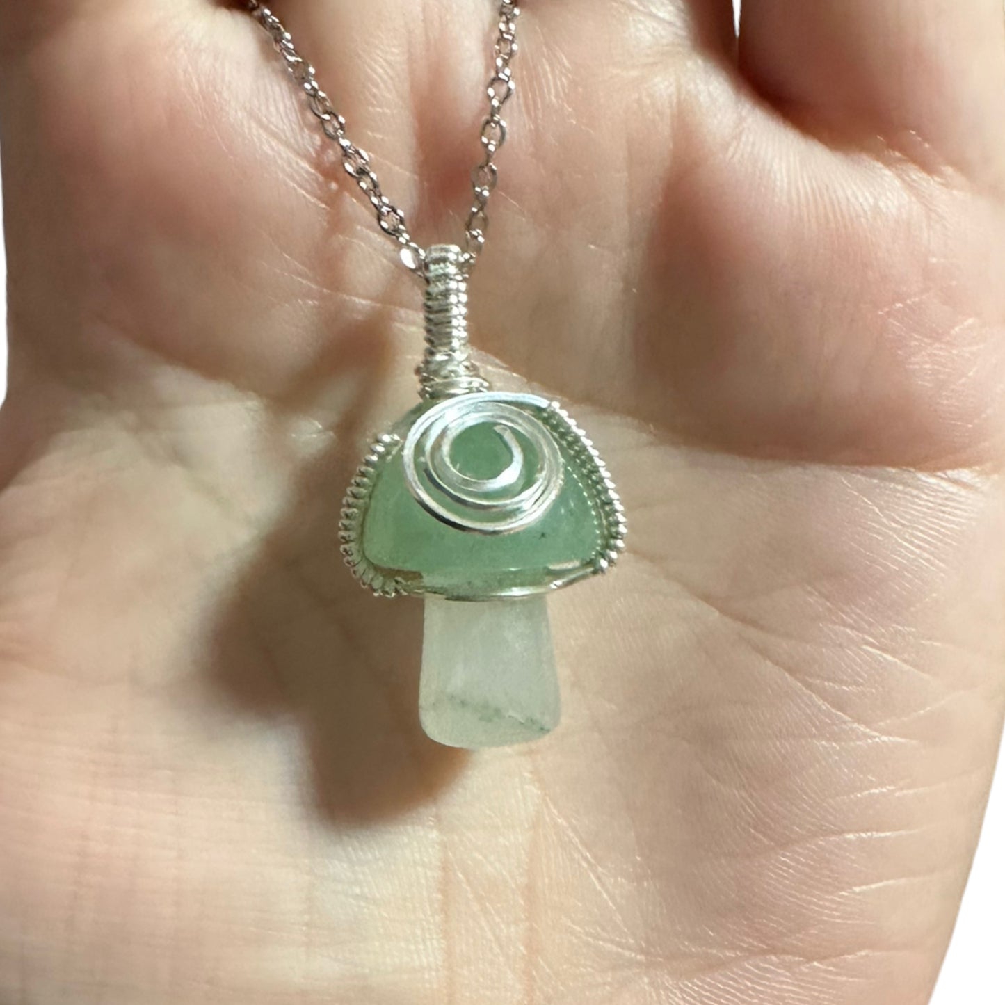 Sterling Silver | 14KT Gold Filled Wire Wrapped Green Aventurine Mushroom Pendant