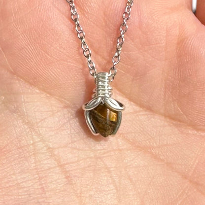 Sterling Silver | 14KT Gold Filled Mini Teardrop Tiger's Eye Wishbone Wire Wrapped Pendant