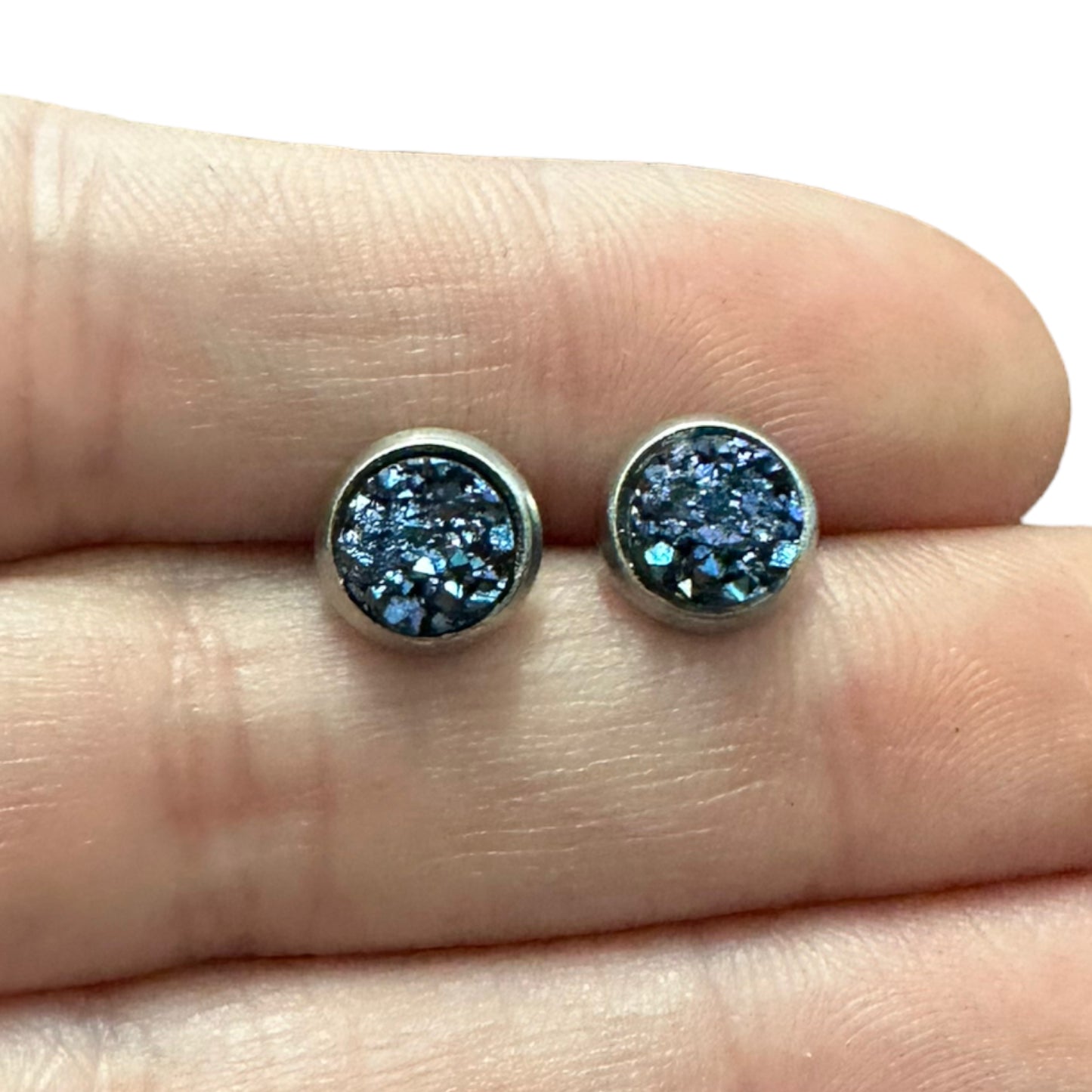 6MM Hypoallergenic Metallic Blue Sparkle Druzy Earring Studs