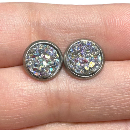 8MM Hypoallergenic Silver Sparkle Druzy Earring Studs