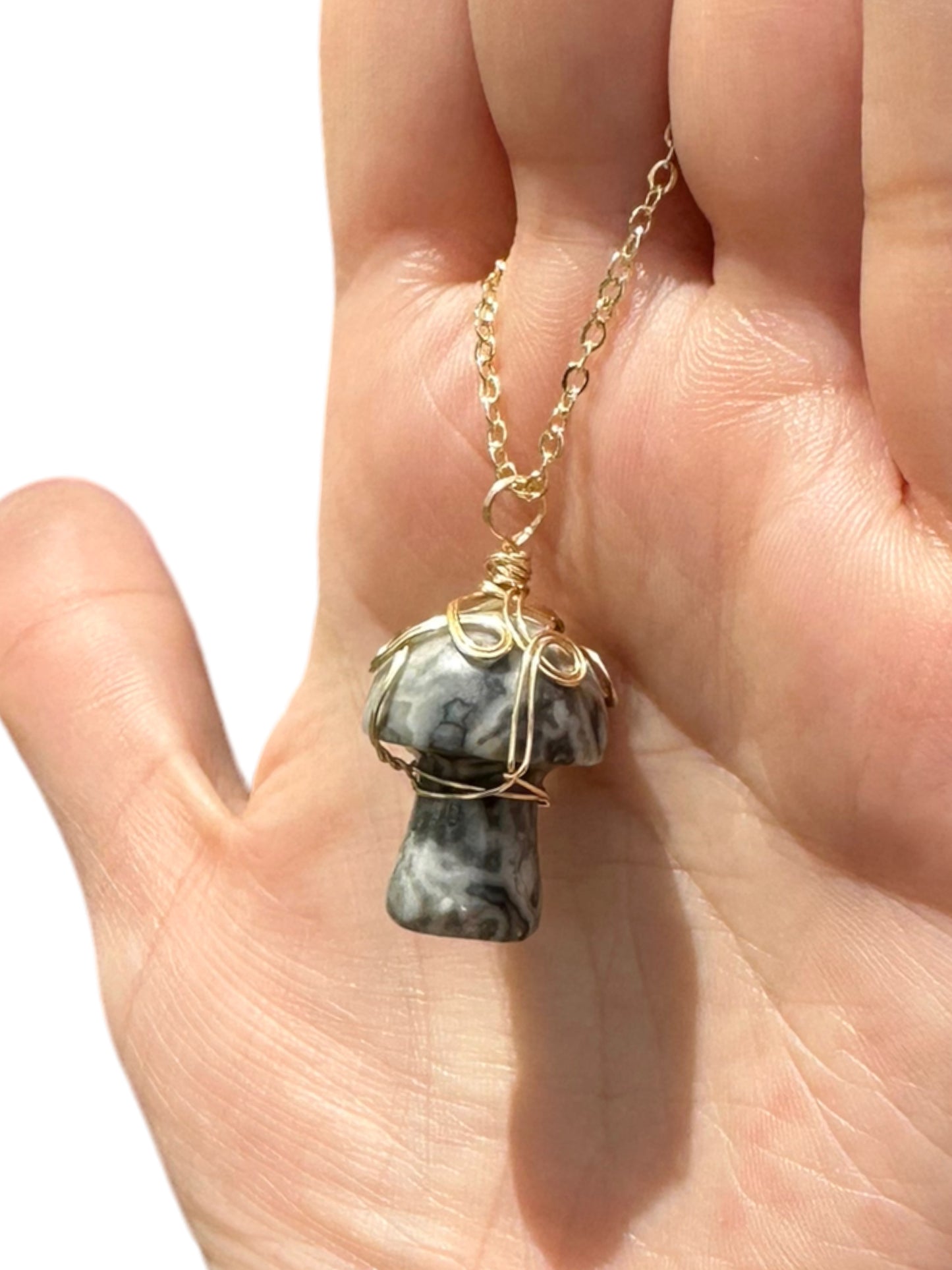 Sterling Silver | 14KT Gold Filled Wire Wrapped Crazy Lace Agate Crystal Mushroom Pendant