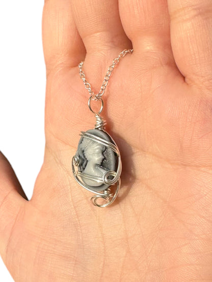 Sterling Silver Gray Vintage Antique Cameo Pendant