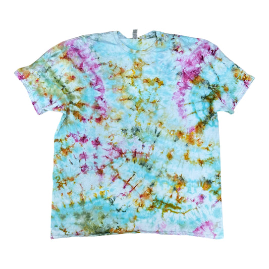 Adult 2XL Purple Baby Blue Green and Golden Yellow Scrunch Ice Dye Tie Dye Shirt
