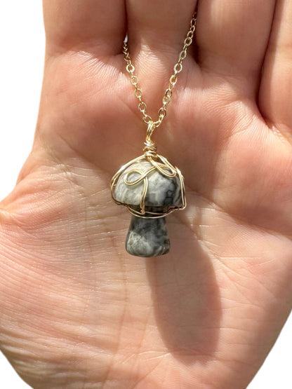 Sterling Silver | 14KT Gold Filled Wire Wrapped Crazy Lace Agate Crystal Mushroom Pendant