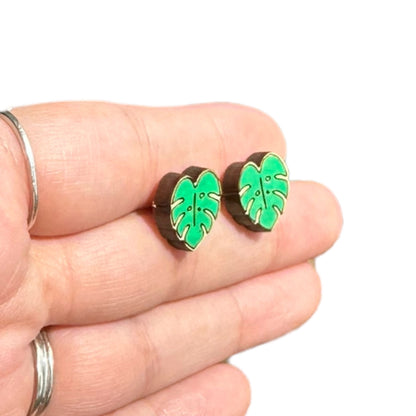 Hypoallergenic Hand Painted Green Botanical Leaf Laser Engraved Wood Stud Earrings