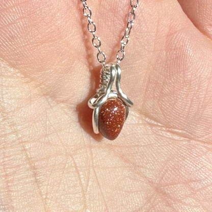 Sterling Silver | 14KT Gold Filled Mini Teardrop Goldstone Wishbone Wire Wrapped Pendant