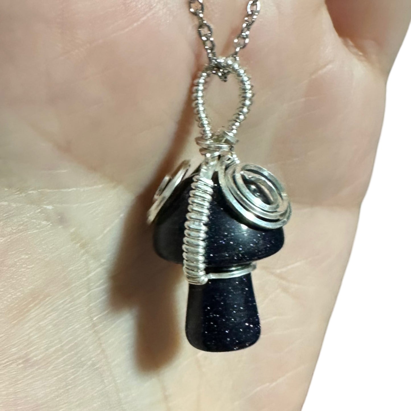 Sterling Silver | 14KT Gold Filled Blue Goldstone Wire Wrapped Mushroom Crystal Pendant