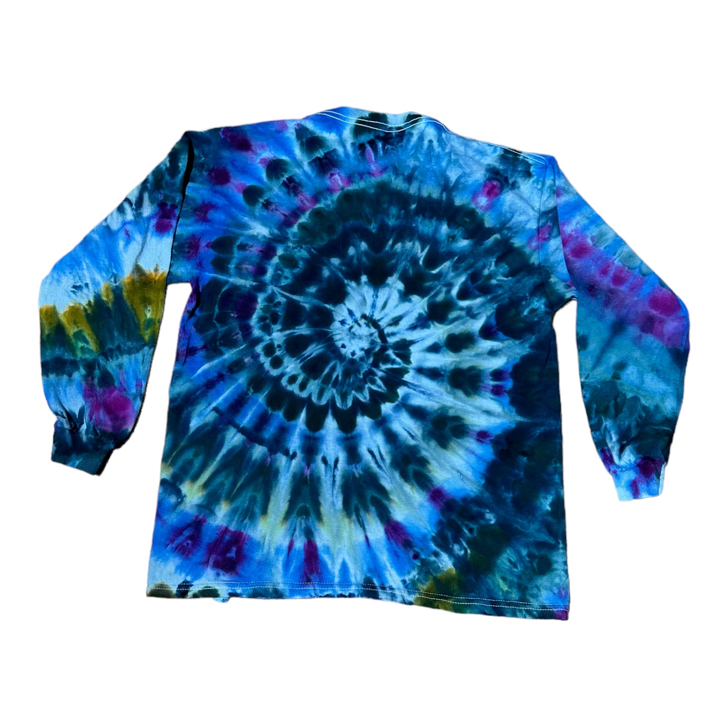 Youth Large Purple Navy Blue and Yellow Spiral Ice Dye Tie Dye Long Sleeve Shirt