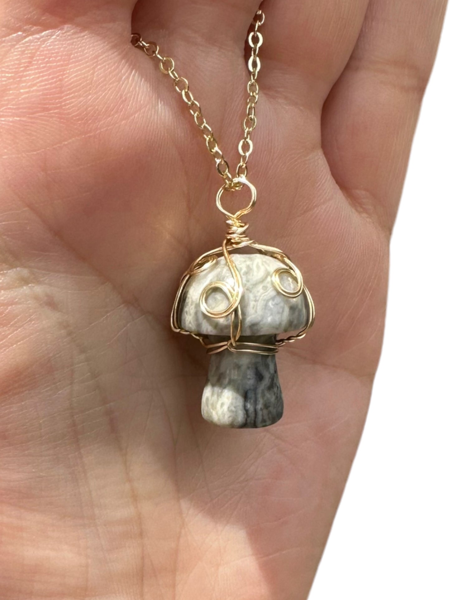 Sterling Silver | 14KT Gold Filled Wire Wrapped Crazy Lace Agate Crystal Mushroom Pendant