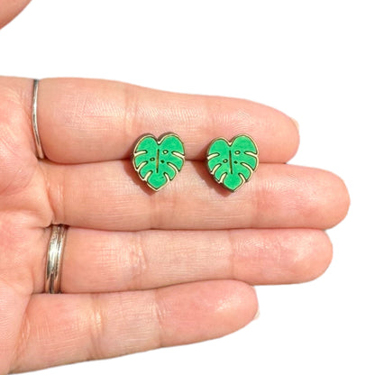 Hypoallergenic Hand Painted Green Botanical Leaf Laser Engraved Wood Stud Earrings