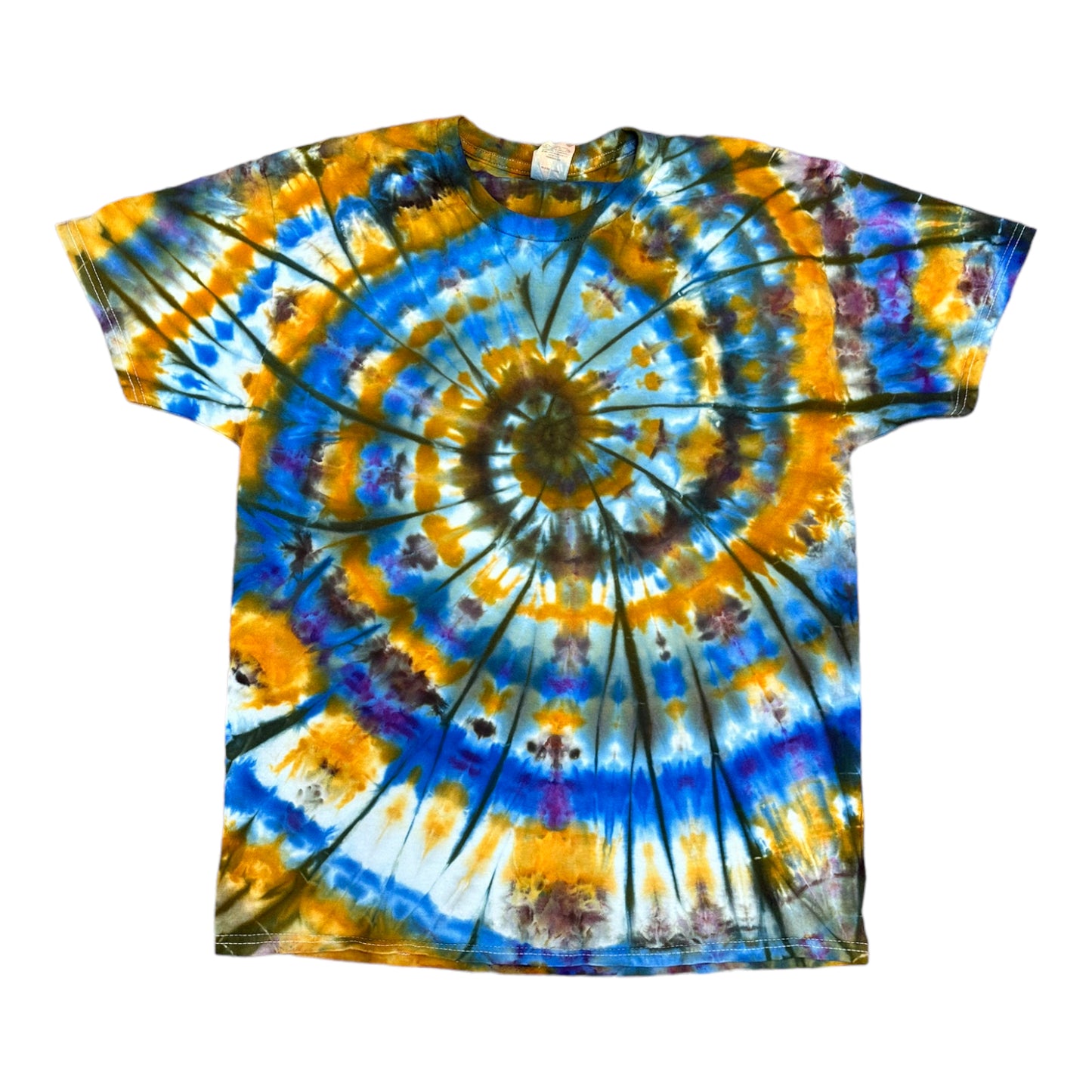 Adult Large Blue Yellow Green and Brown Spiral Ice Dye Tie Dye Shirt