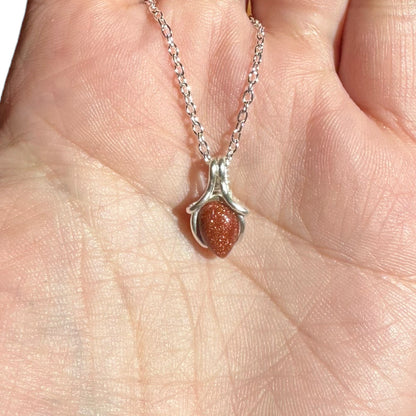 Sterling Silver | 14KT Gold Filled Mini Teardrop Goldstone Wishbone Wire Wrapped Pendant