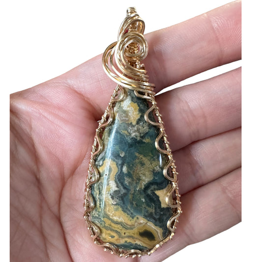 14KT Gold Filled Wire Wrapped Ocean Jasper Teardrop Crystal Triangle Bezel Pendant