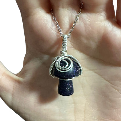 Sterling Silver | 14KT Gold Filled Blue Goldstone Wire Wrapped Mushroom Crystal Pendant