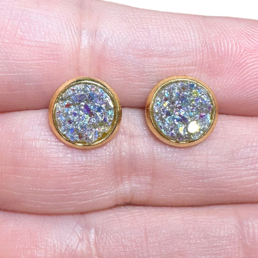 8MM Hypoallergenic Silver Sparkle Druzy Earring Studs