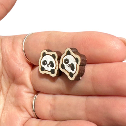 Hypoallergenic Hand Painted Panda Laser Engraved Wood Stud Earrings