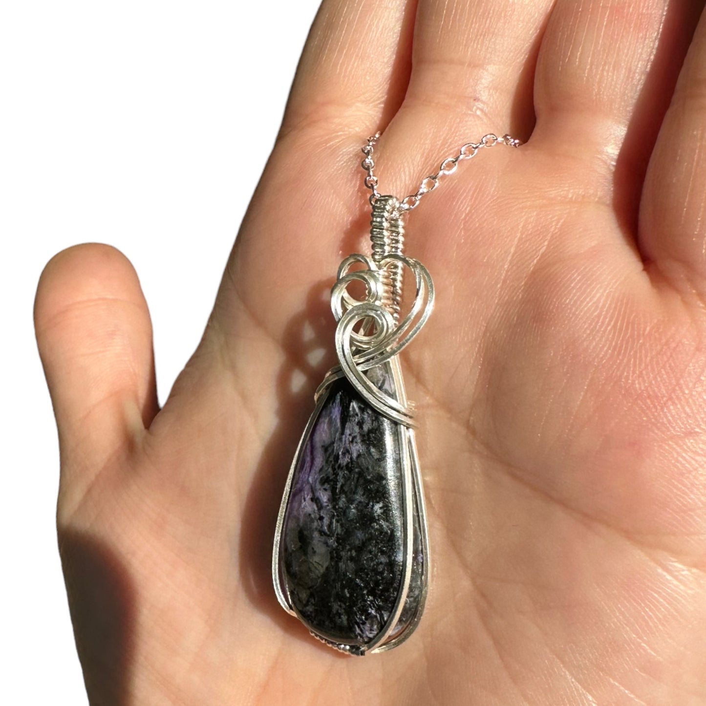 Sterling Silver Wire Wrapped Charoite Crystal Bezel Pendant