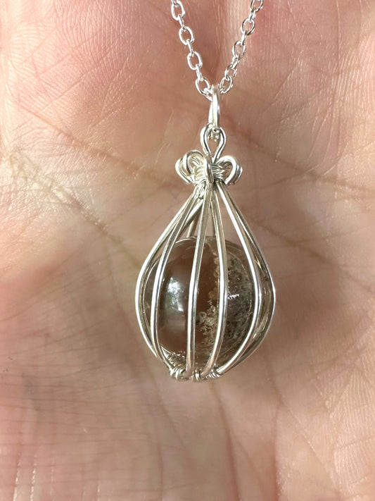 Sterling Silver Wire Wrapped Garden Quartz Crystal Sphere Cage Pendant