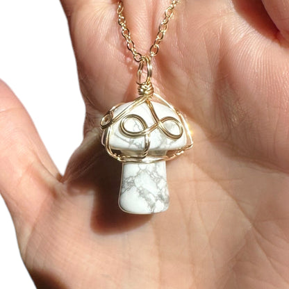 Sterling Silver | 14KT Gold Filled Howlite Wire Wrapped Mushroom Crystal Pendant