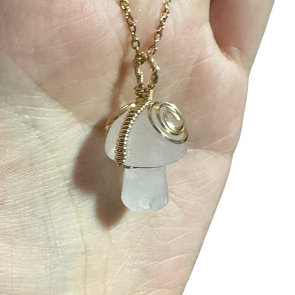 Sterling Silver | 14KT Gold Filled Wire Wrapped Rose Quartz Crystal Mushroom Pendant