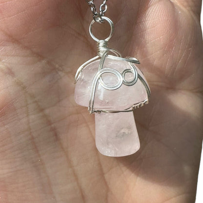 Sterling Silver | 14KT Gold Filled Wire Wrapped Rose Quartz Crystal Mushroom Pendant