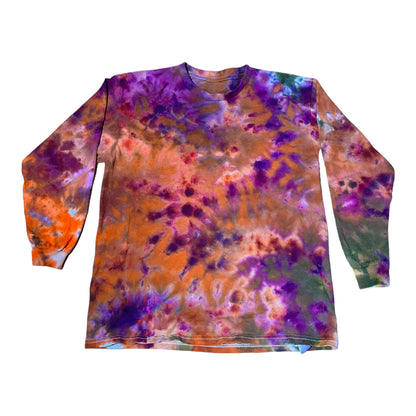 Youth Large Purple Orange and Green Scrunch Ice Dye Tie Dye Long Sleeve Shirt