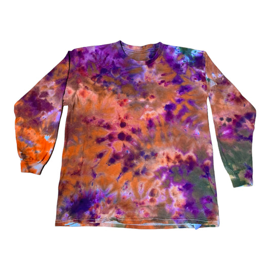 Youth Large Purple Orange and Green Scrunch Ice Dye Tie Dye Long Sleeve Shirt