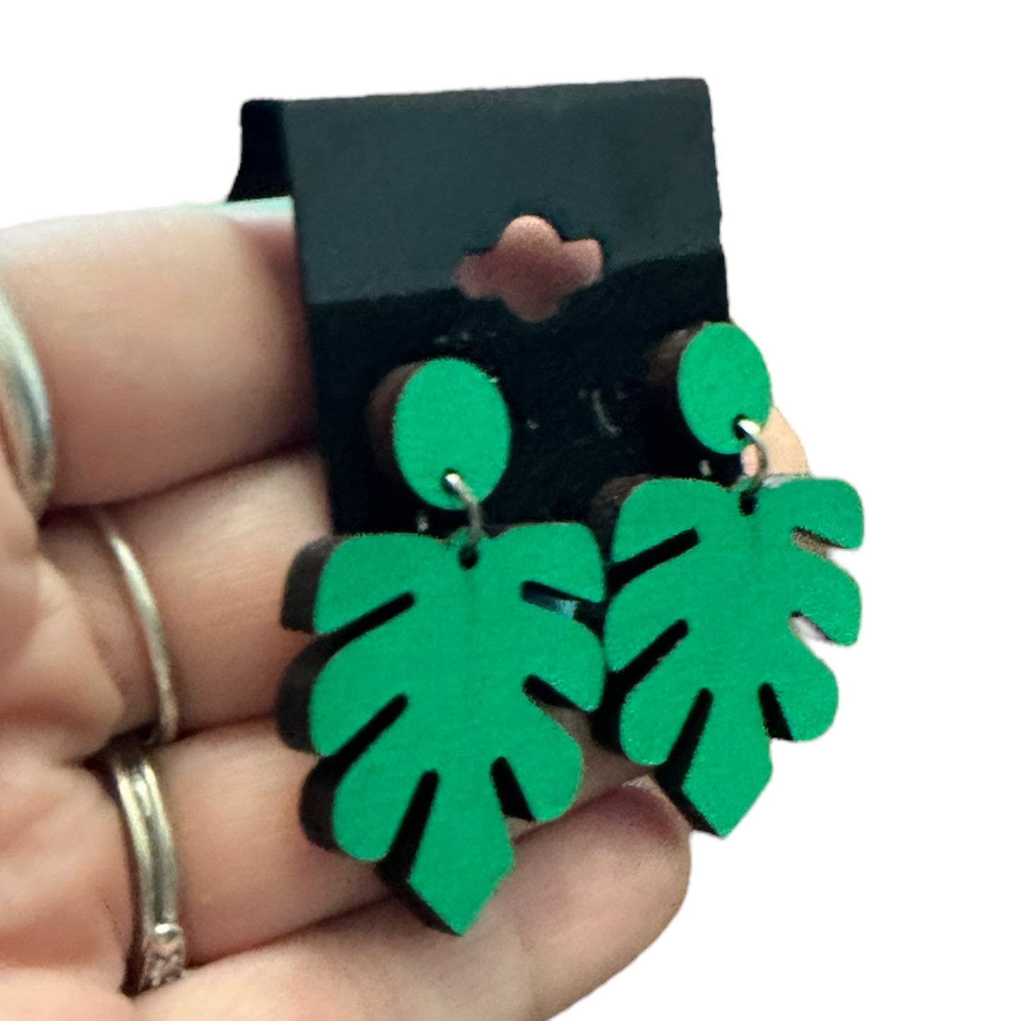 Hypoallergenic Hand Painted Green and Gold Botanical Leaf Dangle Laser Engraved Wooden Earrings