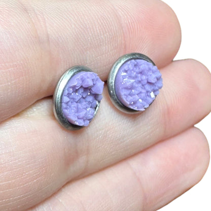 8MM Hypoallergenic Purple Druzy Earring Studs