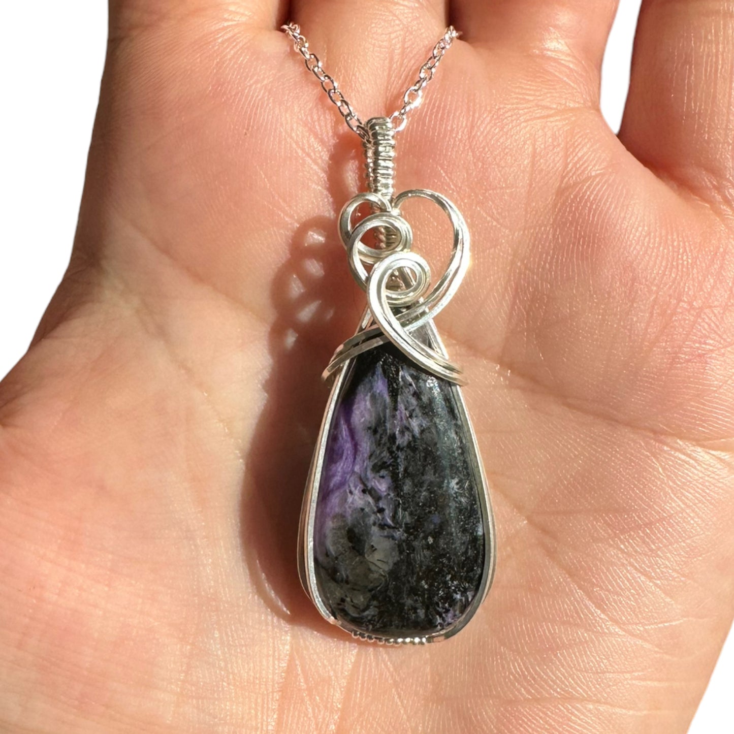 Sterling Silver Wire Wrapped Charoite Crystal Bezel Pendant