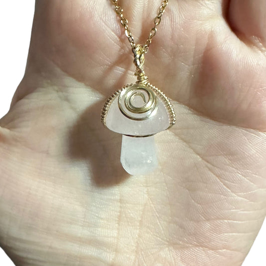 Sterling Silver | 14KT Gold Filled Wire Wrapped Rose Quartz Crystal Mushroom Pendant